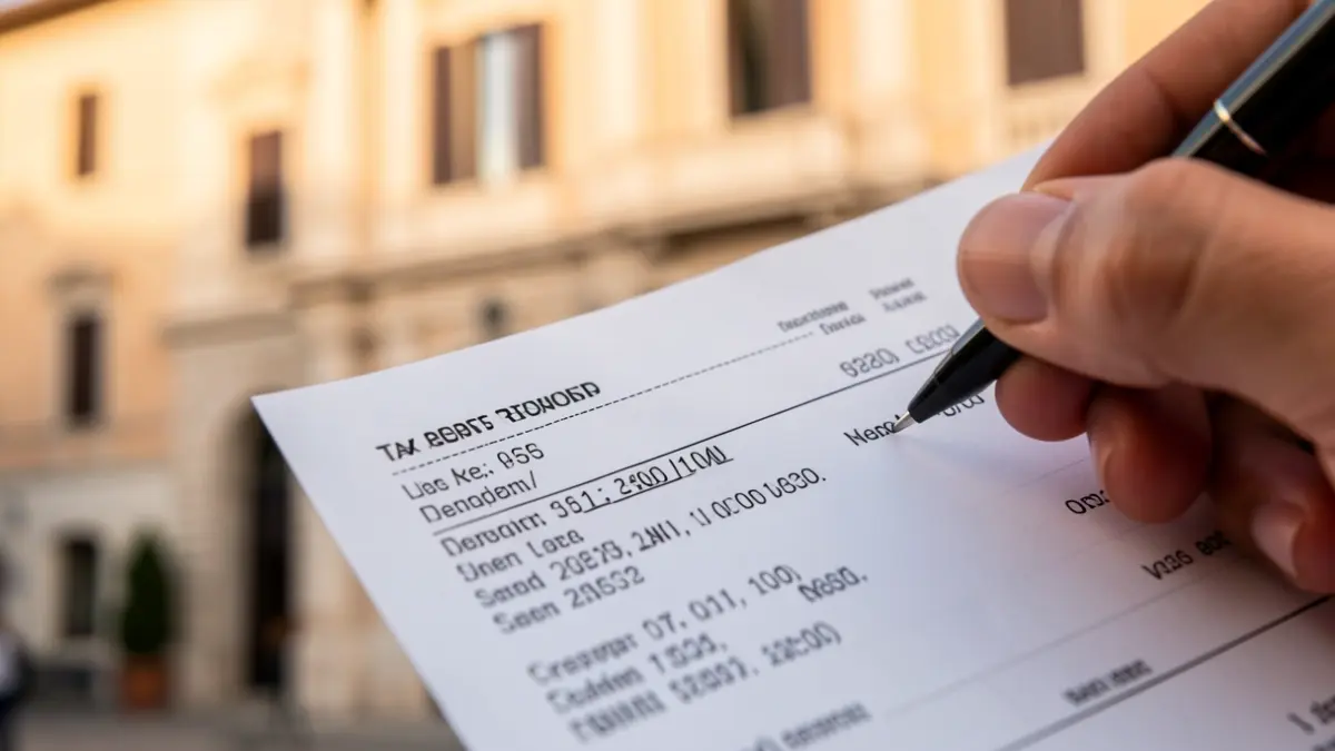 Generic image of a tax document with a pen marking a line, with a municipal building in the background.