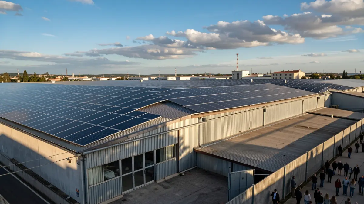 Imagen genérica de paneles solares en el techo de una nave industrial.