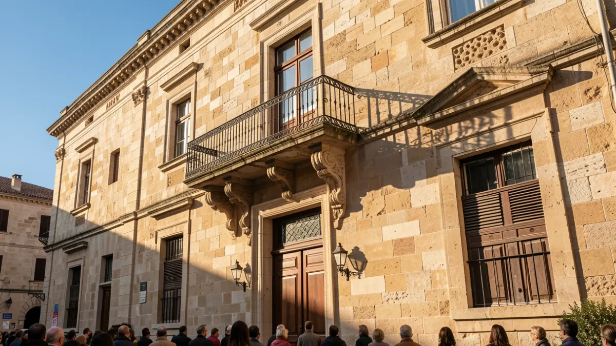 Generic image of a Mediterranean town hall facade with a balcony and iron railings, afternoon light.