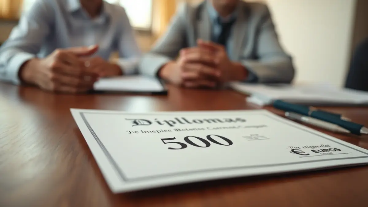 Generic image of a diploma and a 500 euro check on a wooden table.