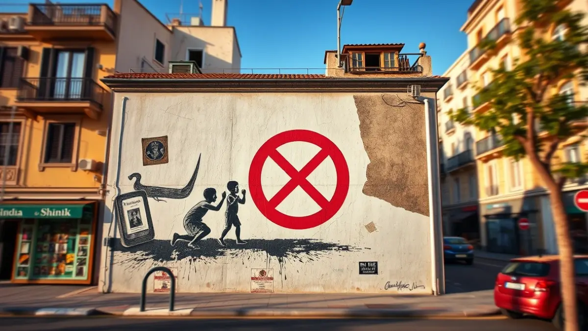 Imatge d'un mural artístic en una façana d'edifici en una ciutat mediterrània.