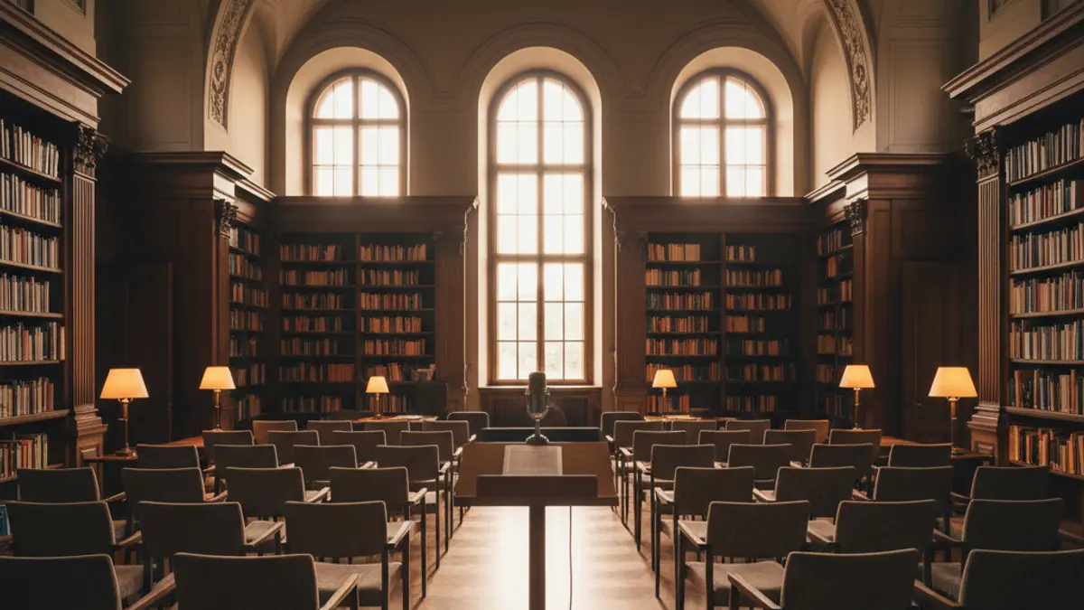 Imatge genèrica d'una biblioteca amb prestatgeries de fusta, un micròfon en un podi i cadires buides, amb una il·luminació càlida.