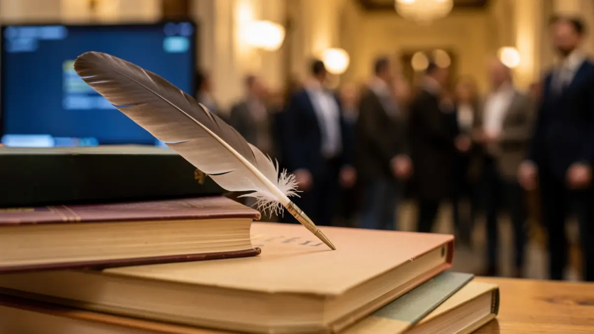 Imatge genèrica d'una ploma sobre llibres.