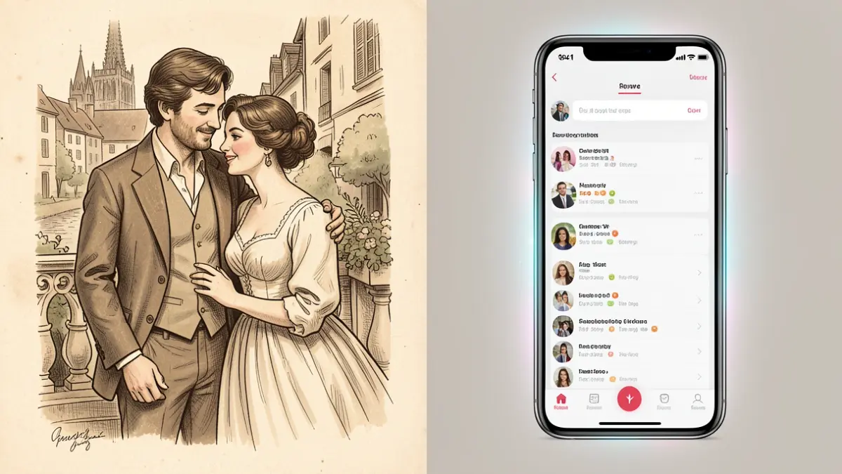 Imagen dividida: por un lado una ilustración romántica antigua de dos enamorados, por otro una pantalla de teléfono móvil moderna con interfaces de aplicaciones de citas.