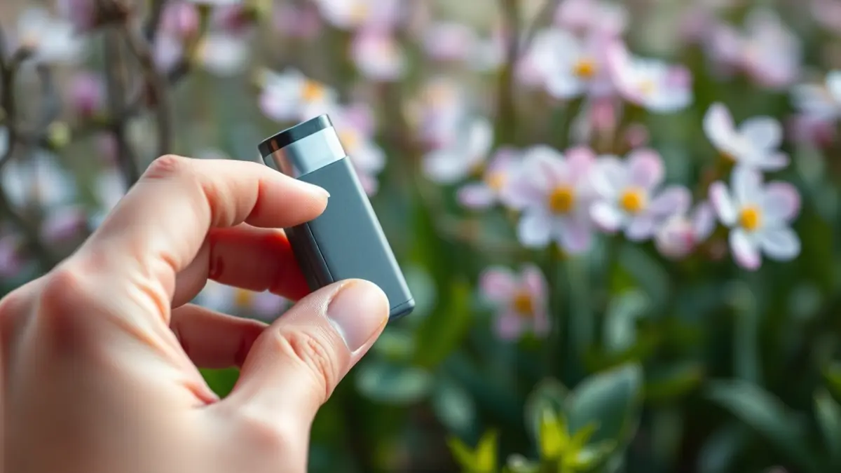 Generic image of a hand holding an inhaler, with blurred spring flowers in the background.