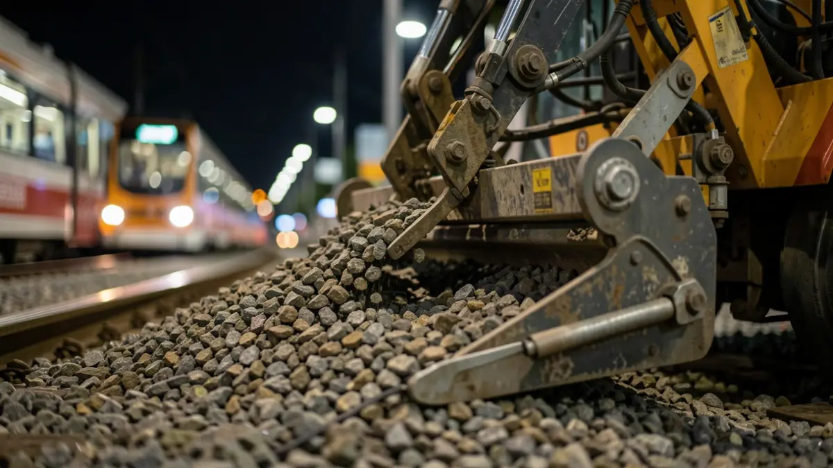 Imatge genèrica de treballs de manteniment de vies de tramvia nocturns.