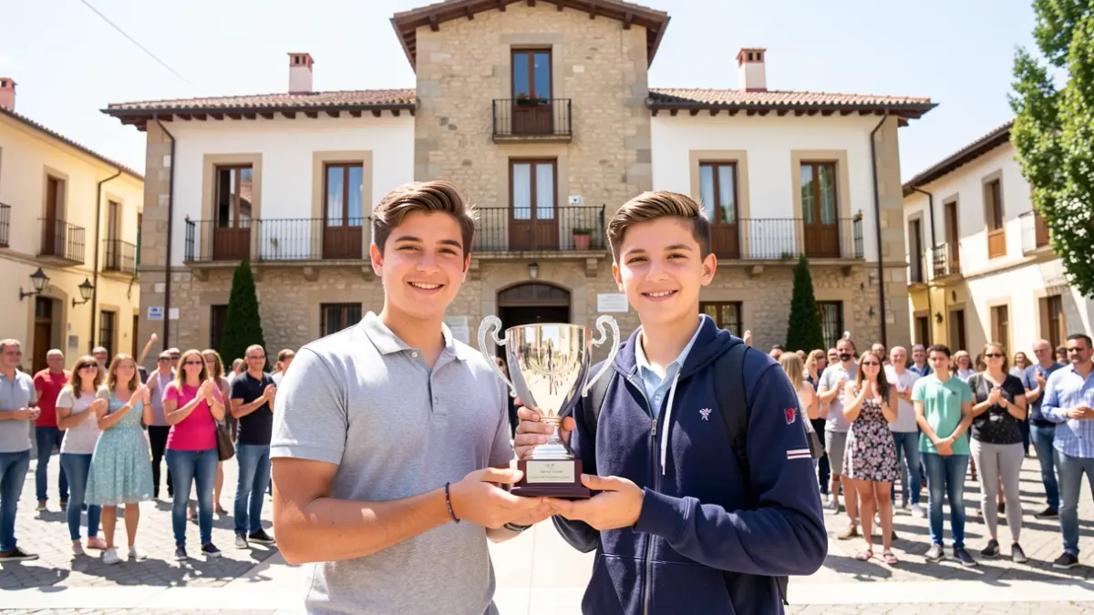 Generic image of two students celebrating an award in front of the Sagunt Town Hall.