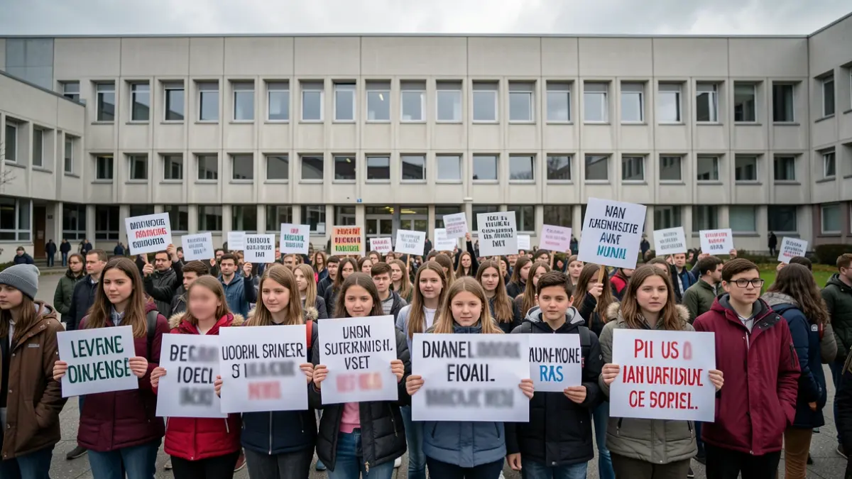 Generic image of students protesting in front of a university building.