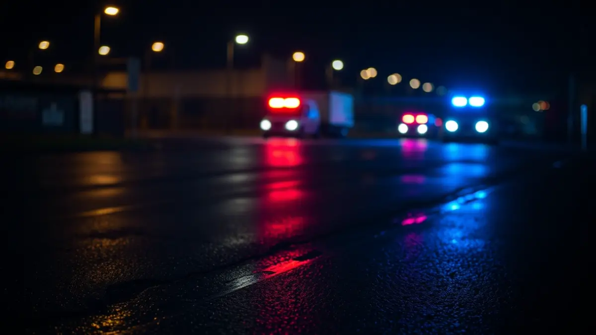 Generic image of emergency lights reflecting on wet asphalt at night, in an industrial area.