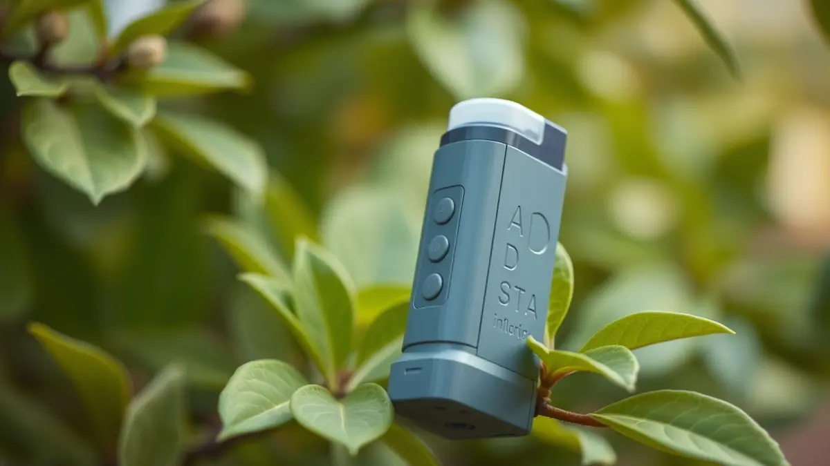 Generic image of an inhaler against a background of green leaves, symbolizing spring and allergies.