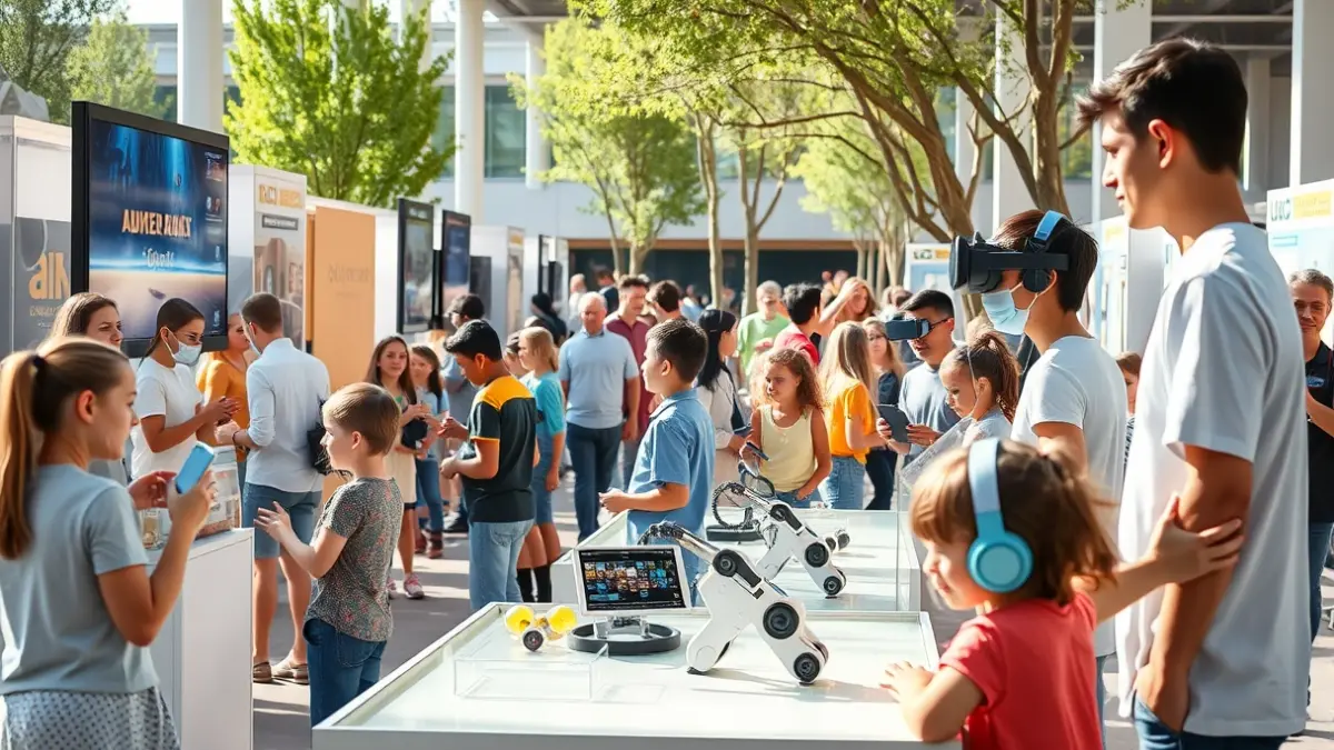 Image of a science fair with children and families interacting with augmented reality and robotics exhibits in a university science park.