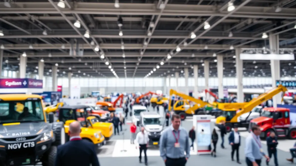 Imagen genérica de un salón de exposiciones con vehículos industriales y maquinaria de construcción.