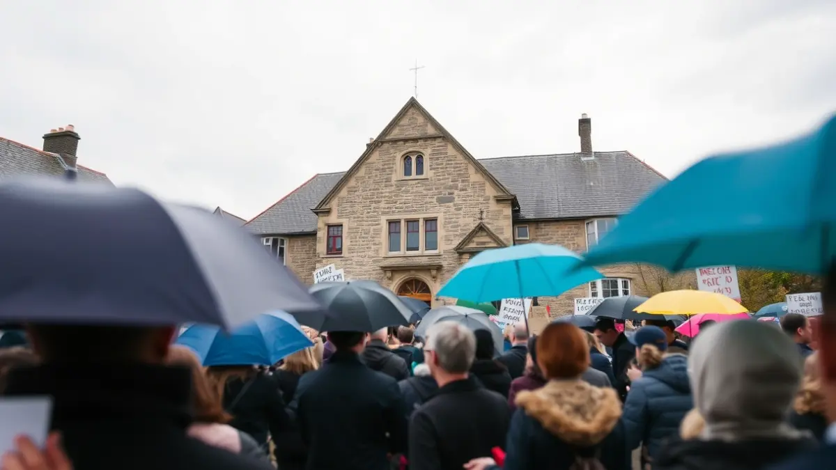 Image of a family gathering in a square, with umbrellas and banners, in front of a town hall.