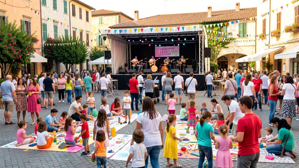 Imatge genèrica d'una plaça pública amb famílies gaudint d'activitats culturals i musicals.