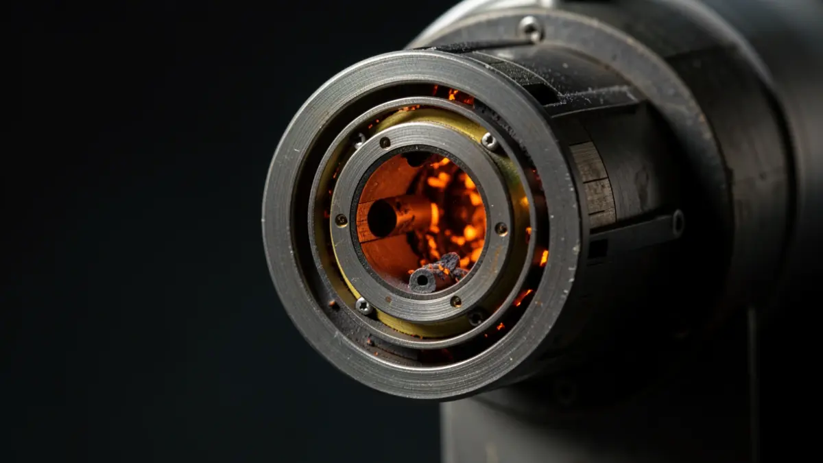 Detall d'un motor de coet amateur amb brases incandescents.