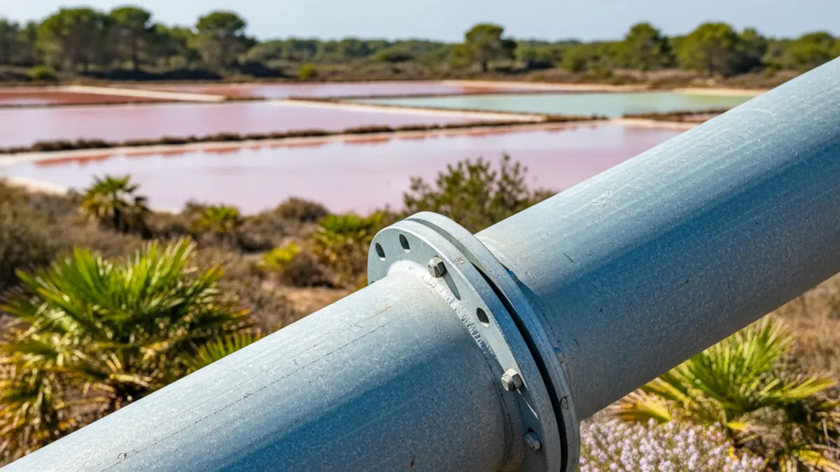 Imatge d'una secció de canonada d'aigua de ferro dúctil moderna, amb un fons desenfocat d'un paisatge de parc natural amb llacunes salines i vegetació mediterrània.