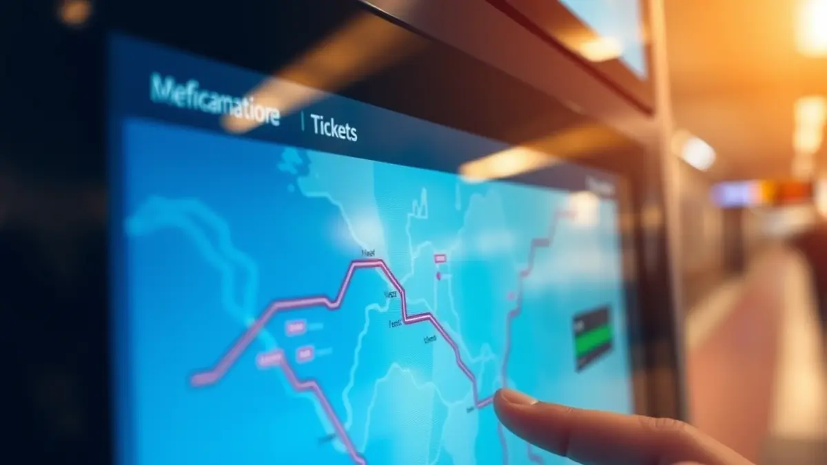 Generic image of a ticket vending machine at a train station, with a hand about to touch the screen.