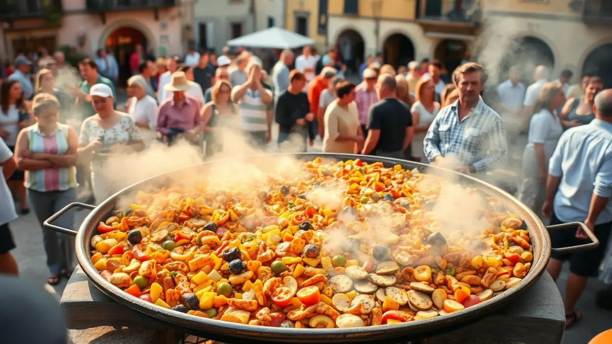 Imatge d'una paella monumental en un encontre veïnal a un poble valencià.
