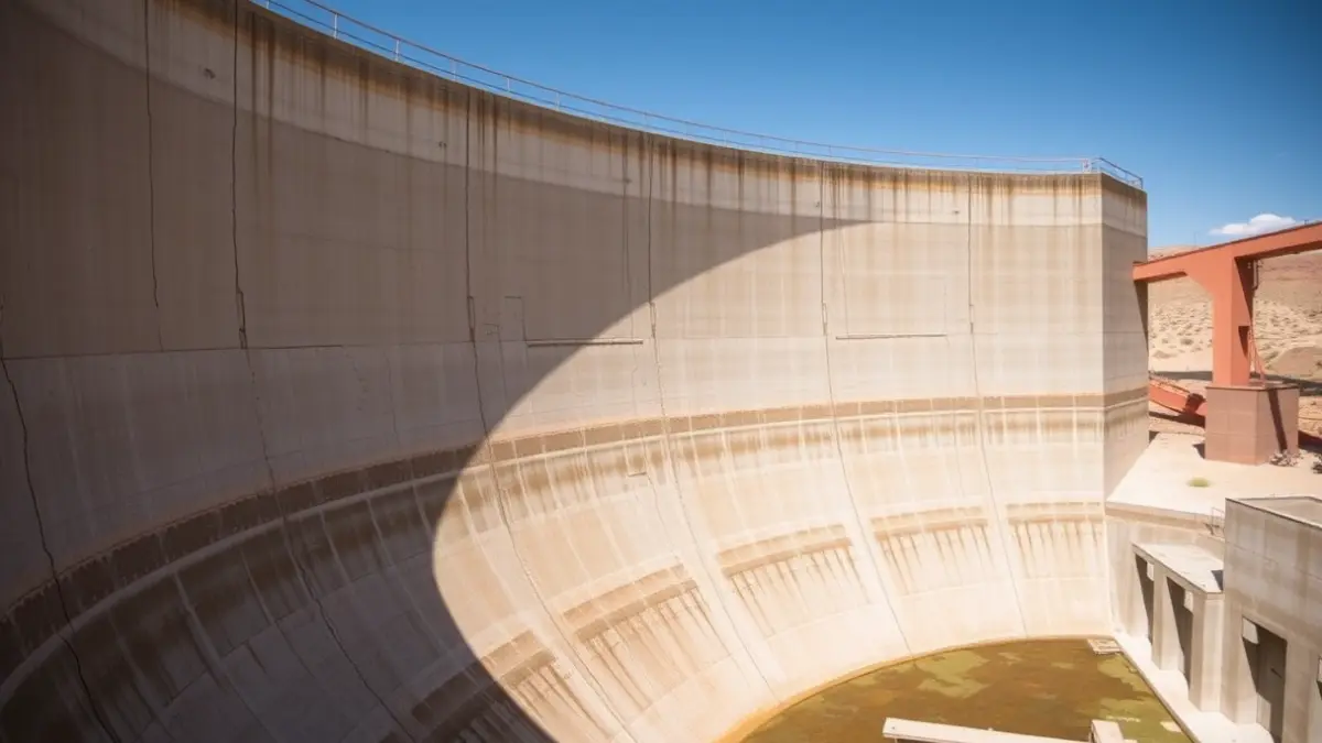 Imagen de un embalse vacío con filtraciones, que impiden su correcto funcionamiento.