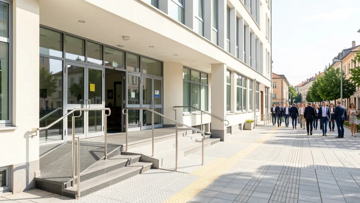 Image of the entrance of a judicial building adapted with ramps and accessible signage.