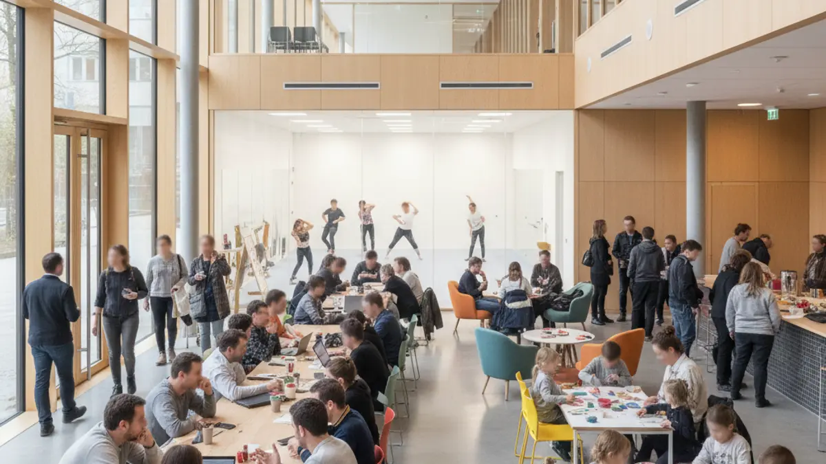Generic image of a modern community space with diverse people interacting, natural light and welcoming atmosphere.