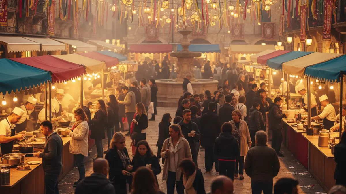 Imagen genérica de una feria gastronómica y comercial en una plaza mediterránea, con gente y puestos.