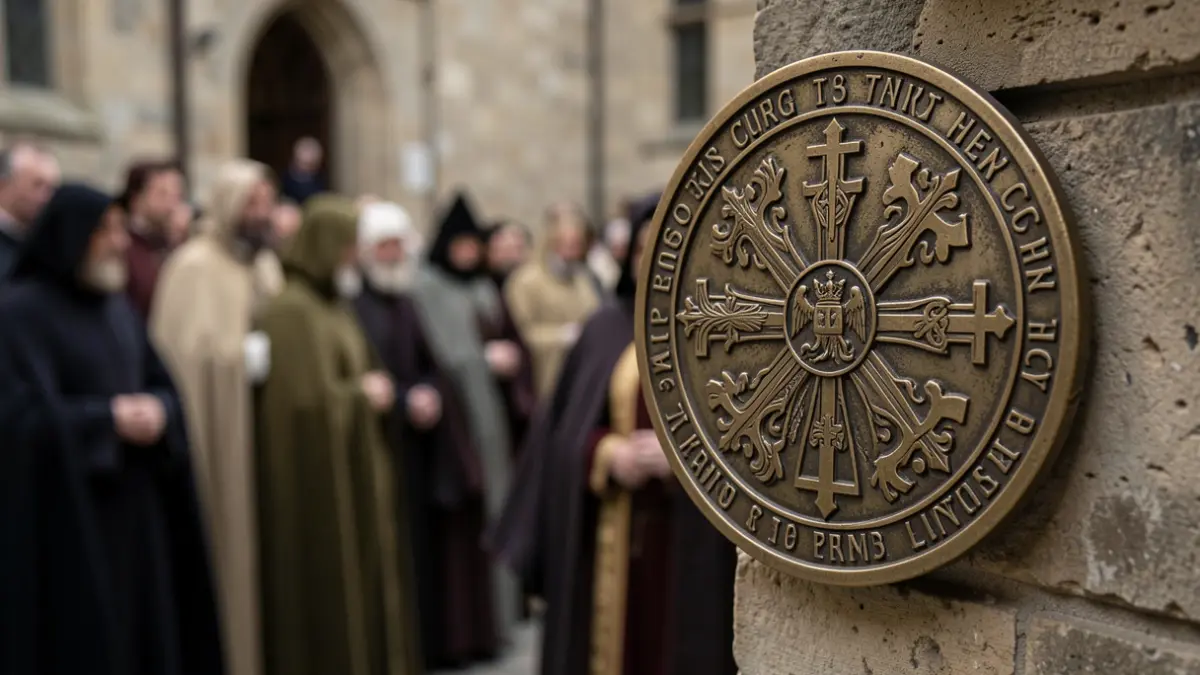 Imatge genèrica d'un emblema de confraria religiosa amb un toc de solemnitat i ombra legal.