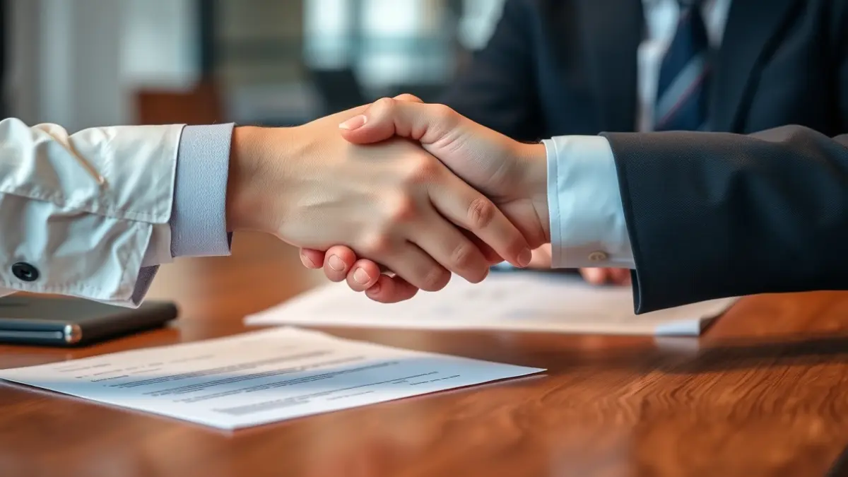 Generic image of two hands shaking in an office setting, symbolizing a business agreement or collaboration.
