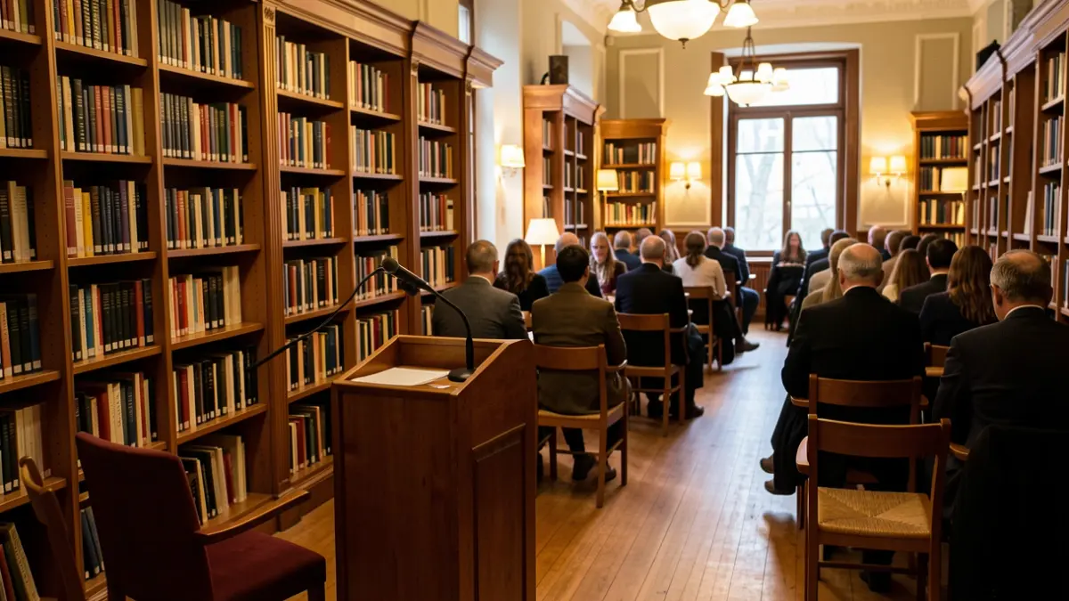Imatge genèrica d'una sala d'actes cultural amb micròfon i cadires.