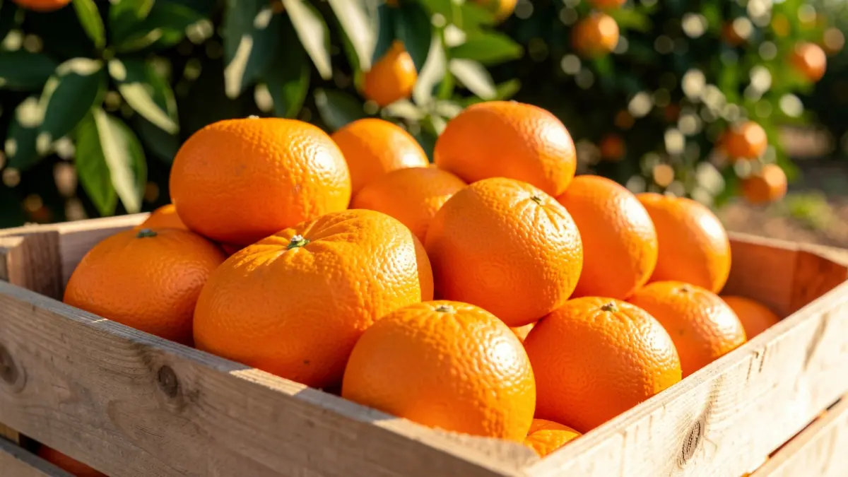 Generic image of oranges and mandarins in wooden crates.