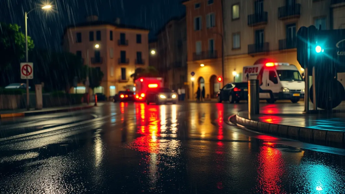 Imatge genèrica de llums d'emergència reflectint-se en asfalt banyat per la pluja en una ciutat mediterrània.