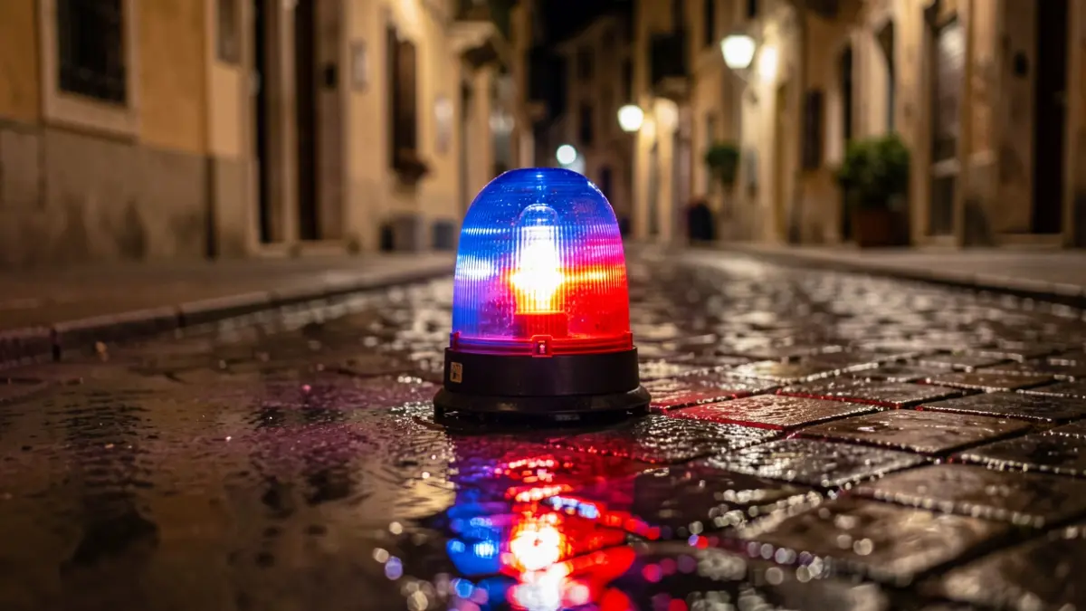 Generic image of police emergency lights reflecting on asphalt at night.