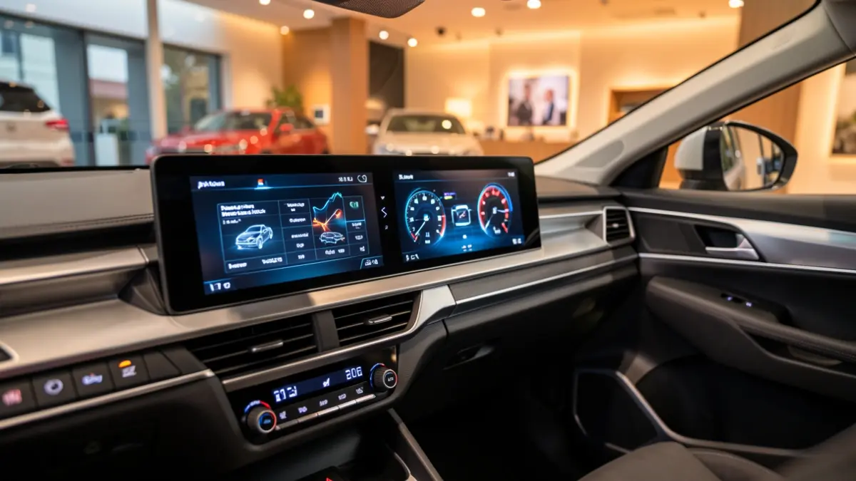 Image of a hybrid vehicle interior at a dealership during a technology event.