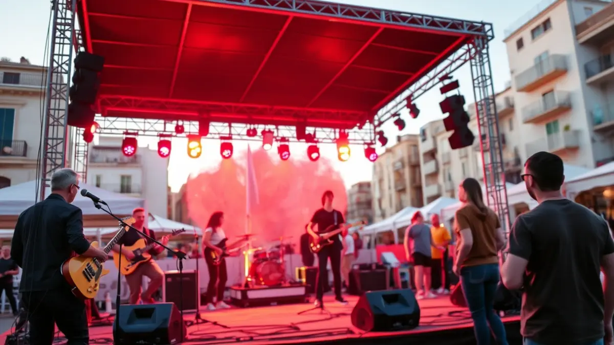 Imatge d'un escenari exterior amb instruments musicals i jóvens actuant, baix llums càlides en una ciutat mediterrània.
