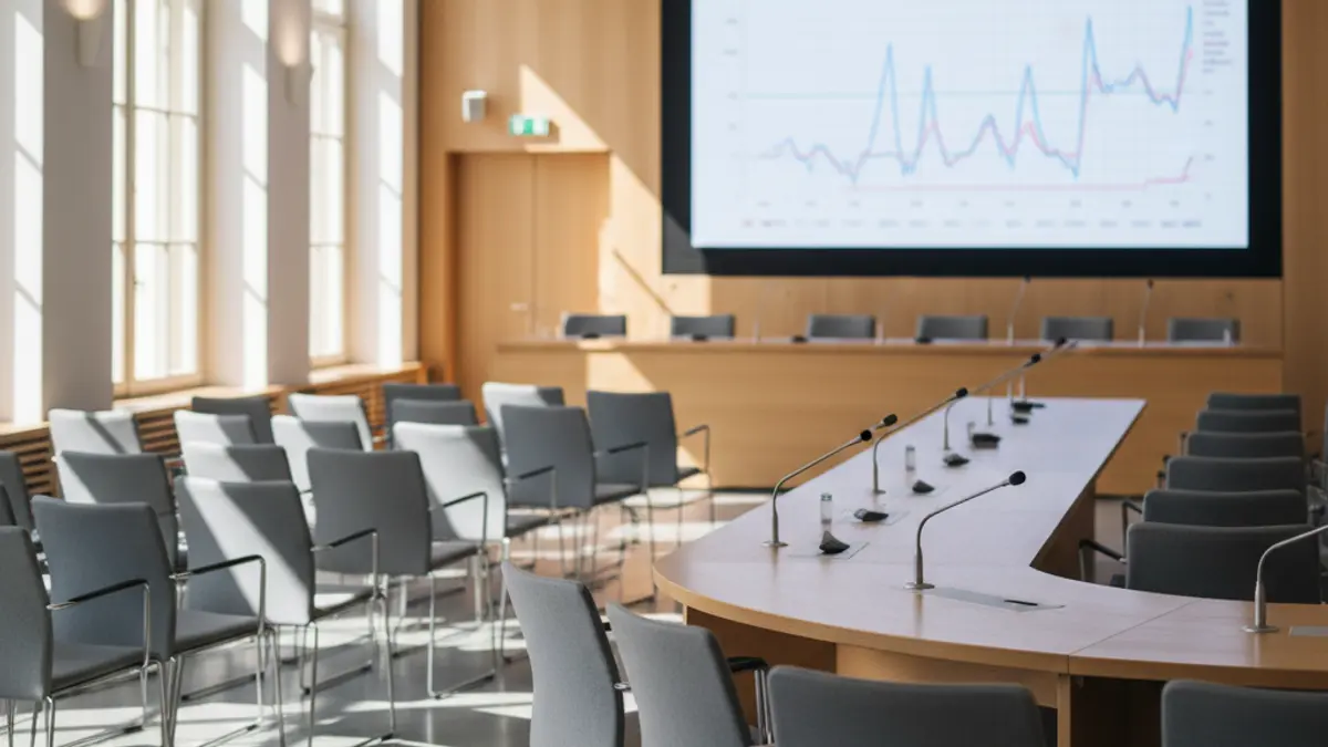 Generic image of an empty conference room with a podium and screen, suggesting a medical symposium.