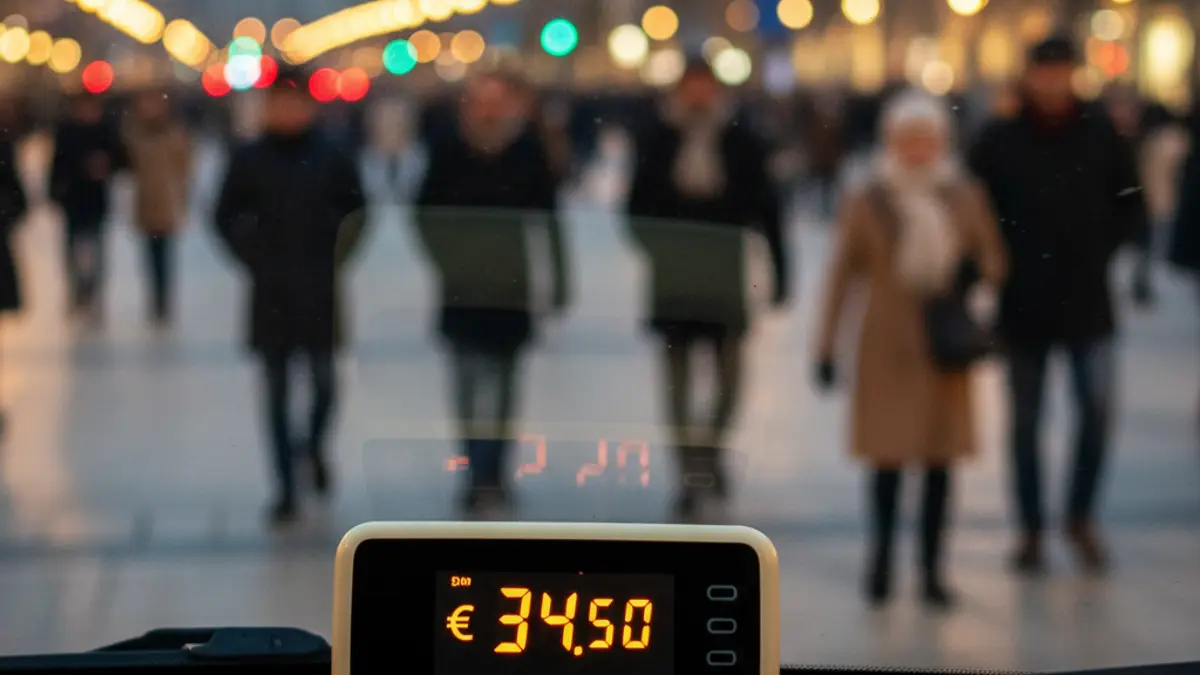 Generic image of a taxi meter in a taxi, with blurred city lights in the background.