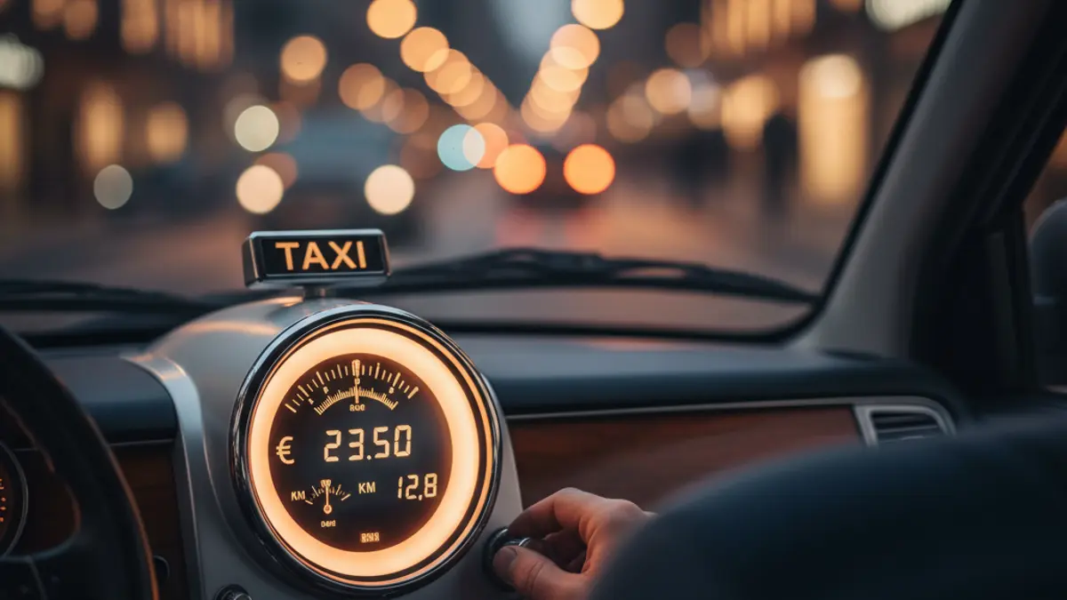 Generic image of a a taxi meter inside a taxi, with blurred city lights in the background.