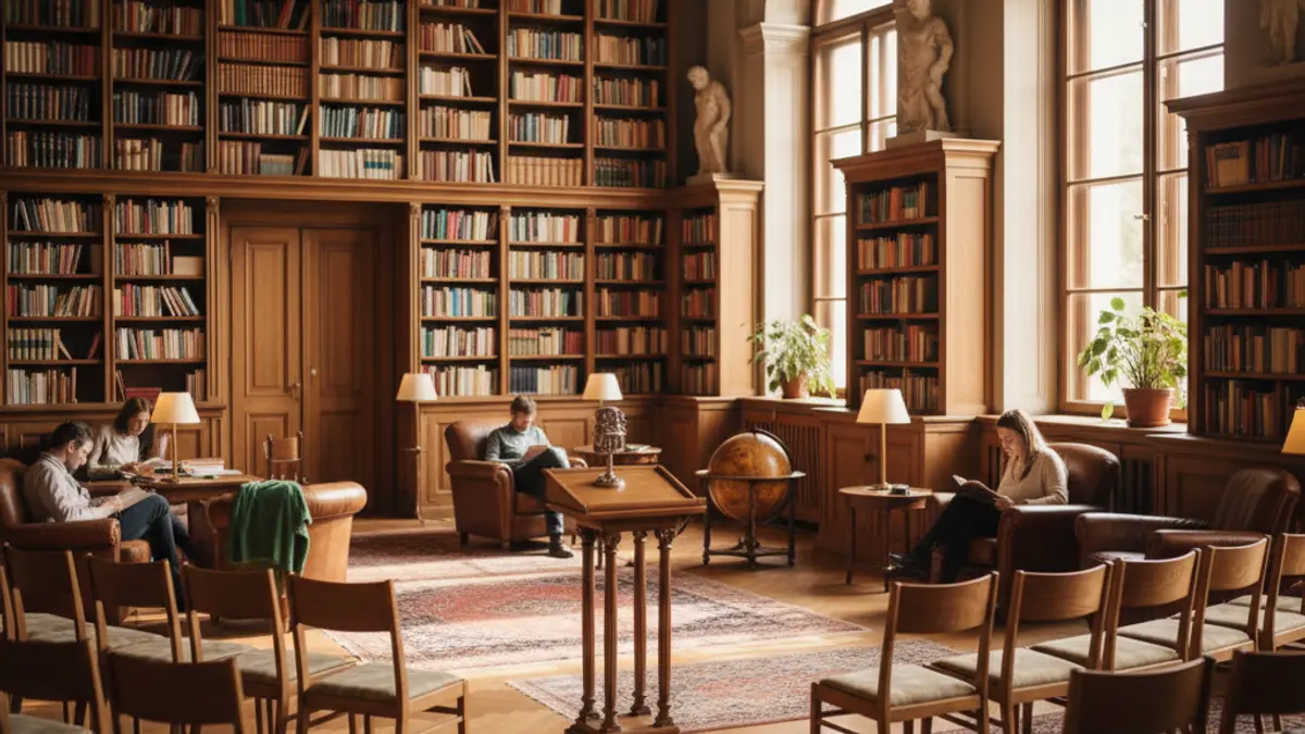 Imagen genérica de una biblioteca con estanterías de madera y un ambiente acogedor de lectura.