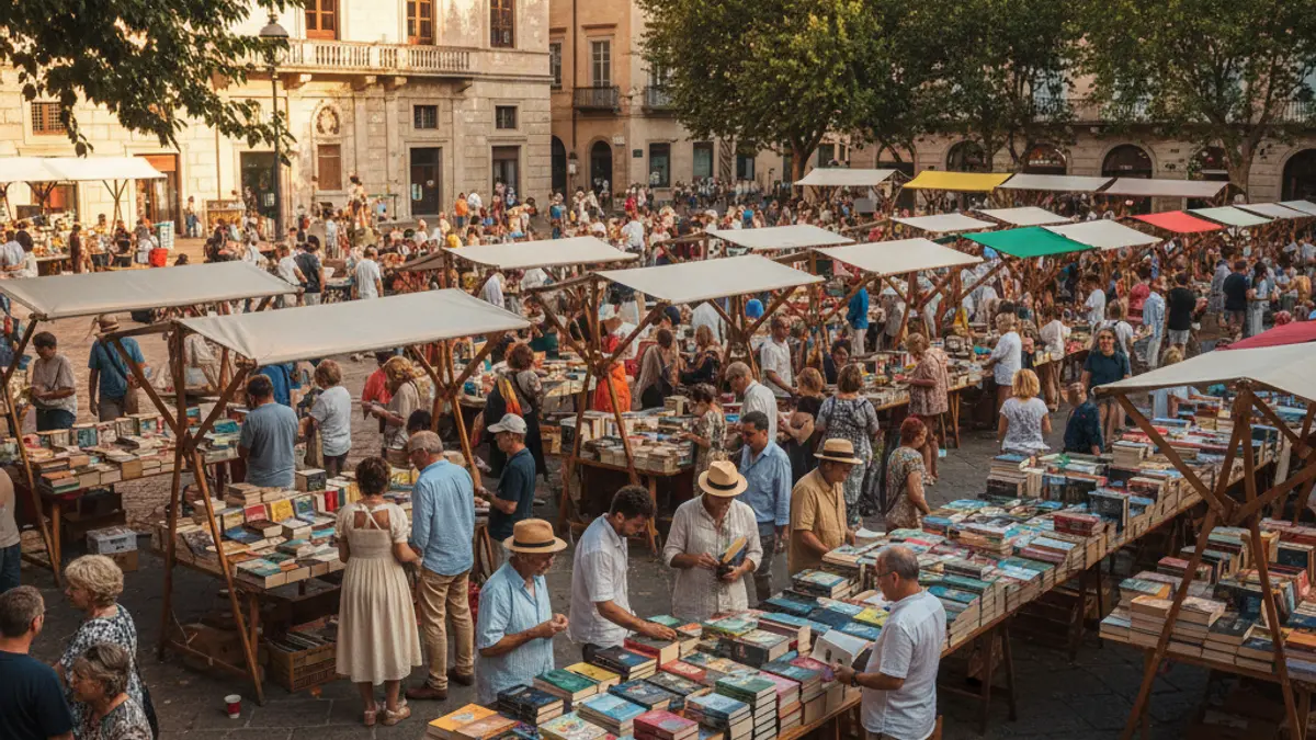 Imagen genérica de una feria del libro al aire libre en una plaza mediterránea, con gente hojeando libros y un ambiente festivo.