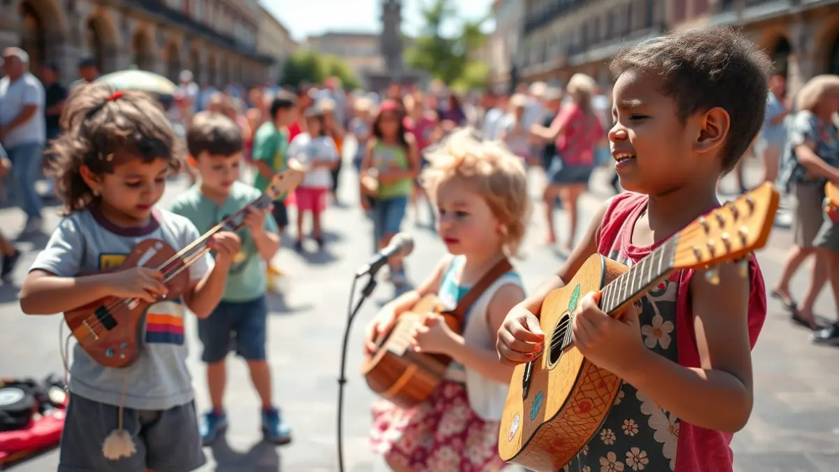Imatge d'un grup de xiquets tocant instruments musicals fets amb objectes quotidians en una plaça, amb gent al fons.