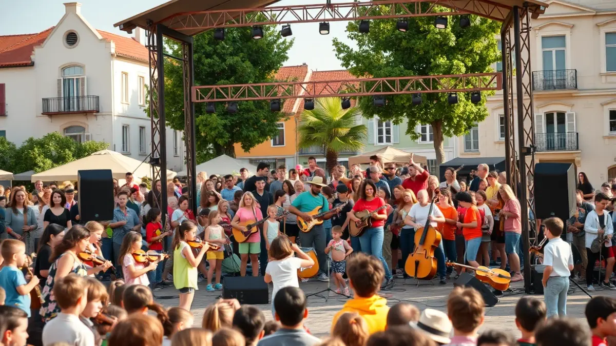 Image of an outdoor stage with children and teachers playing musical instruments made from everyday objects, in a festive atmosphere with afternoon light.