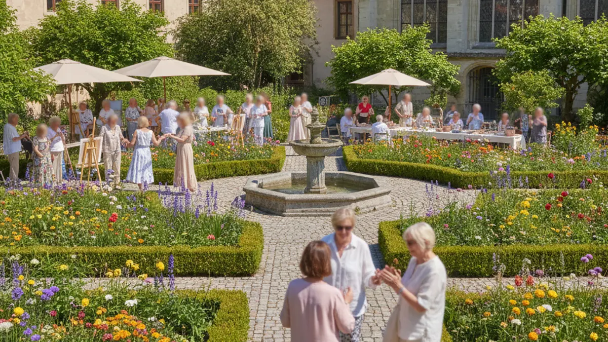 Image of a garden with activities for older adults, including workshops and exhibitions.