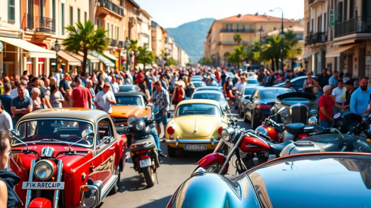 Image of a motor fair in a Mediterranean city, with cars and motorcycles on display and people walking around.