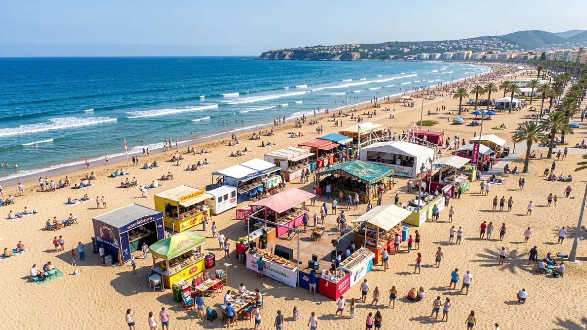Imatge aèria de la platja de Gandia amb un nou mercat gastronòmic i d'oci.