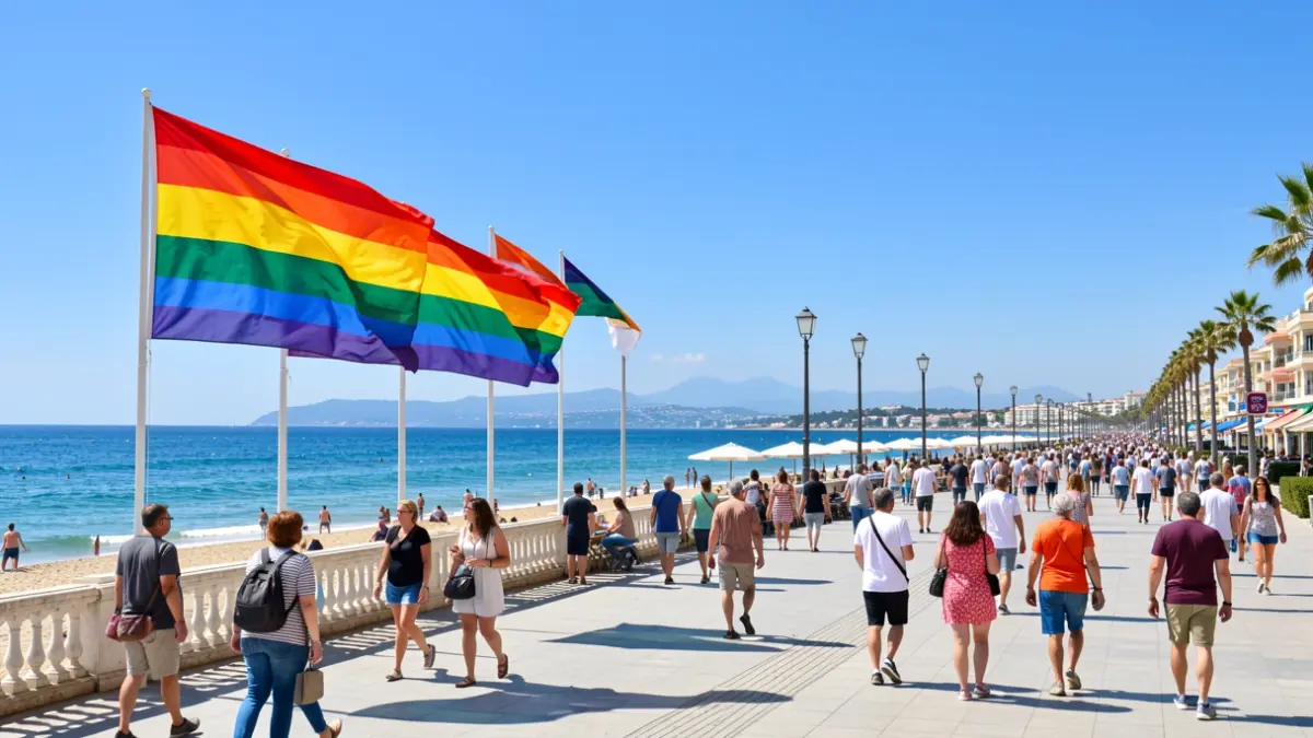 Banderes LGTBI onejant al passeig marítim de Gandia.