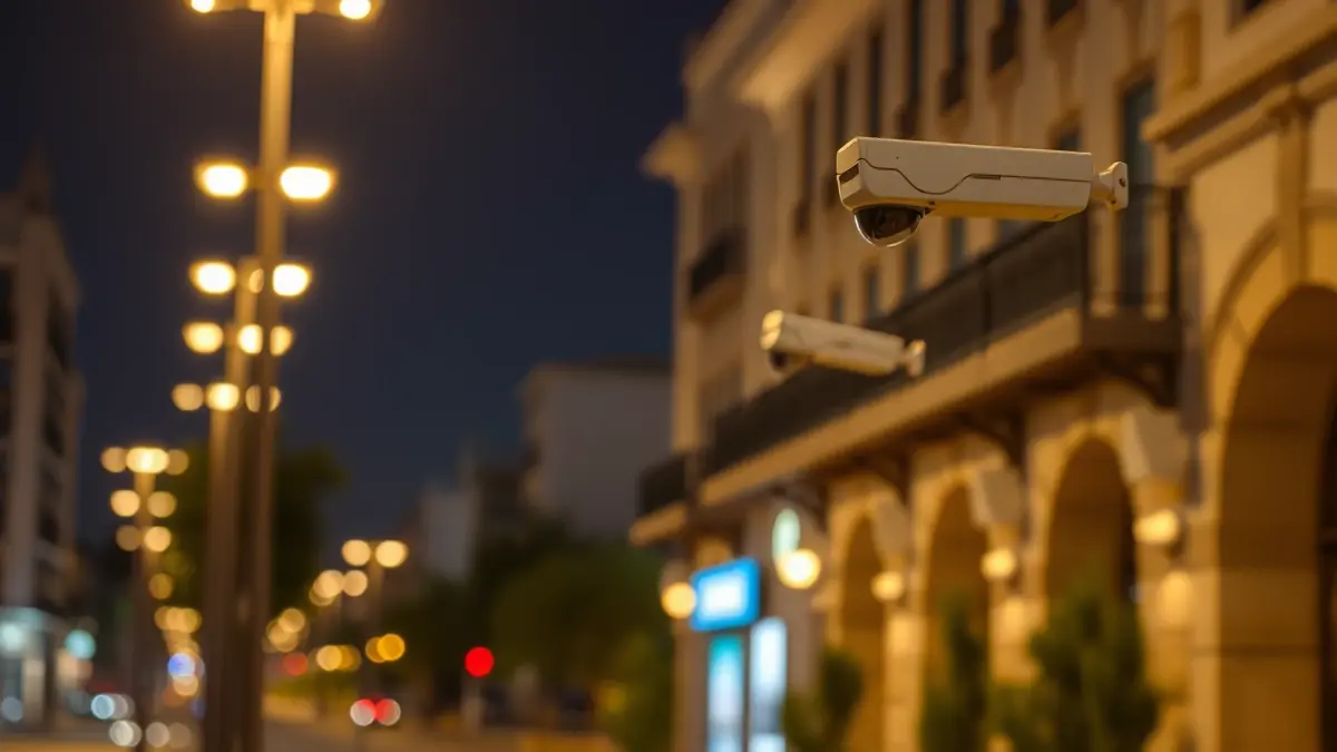 Imatge genèrica d'una ciutat moderna de nit amb càmeres de vigilància, suggerint seguretat urbana avançada.