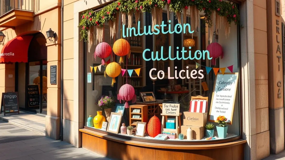 Image of a shop window decorated with diversity and inclusion themes on a Mediterranean city street.