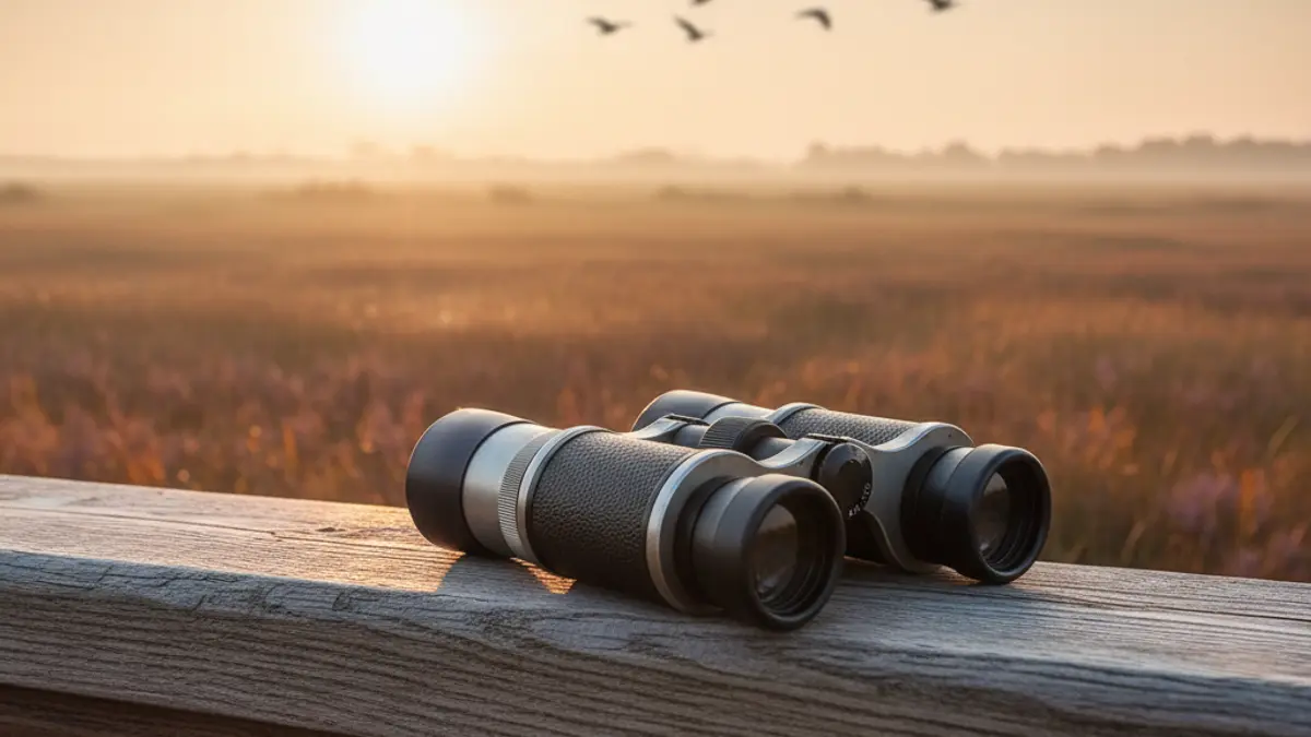 Generic image of binoculars on a viewpoint, with a marshland in the background, for birdwatching.