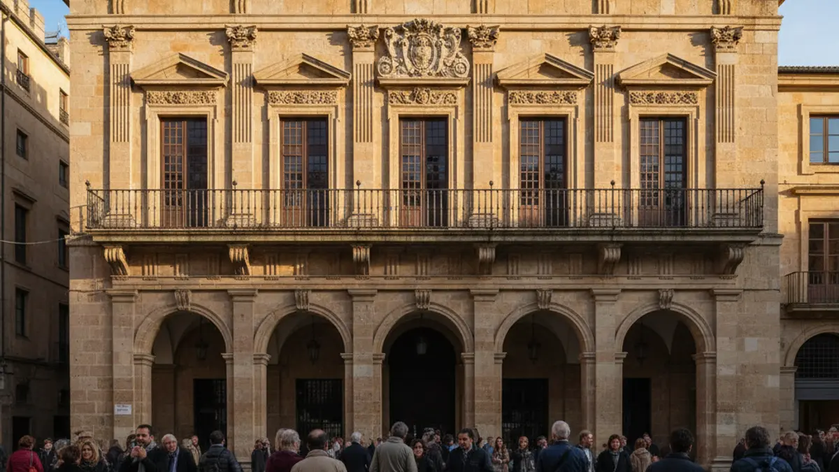 Facade of Gandia's town hall with wrought iron balconies and warm sunlight.