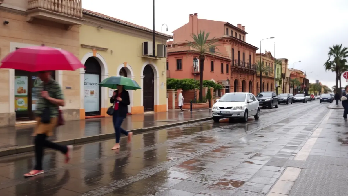 Imagen genérica de una calle de Gandia en un día nublado y lluvioso, con gente con paraguas.